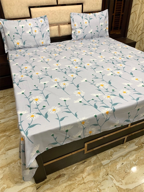 

Pure Decor Grey & Green Floral 300 TC Cotton Queen Bedsheet with 2 Pillow Covers