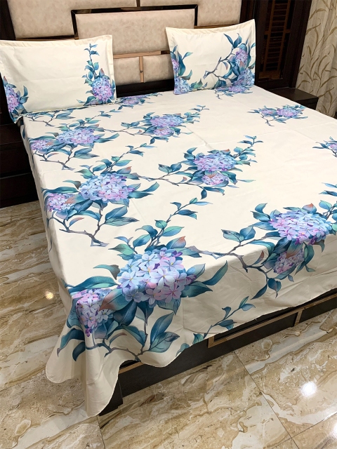 

Pure Decor Cream-Coloured & Blue Floral 300 TC Queen Bedsheet with 2 Pillow Covers
