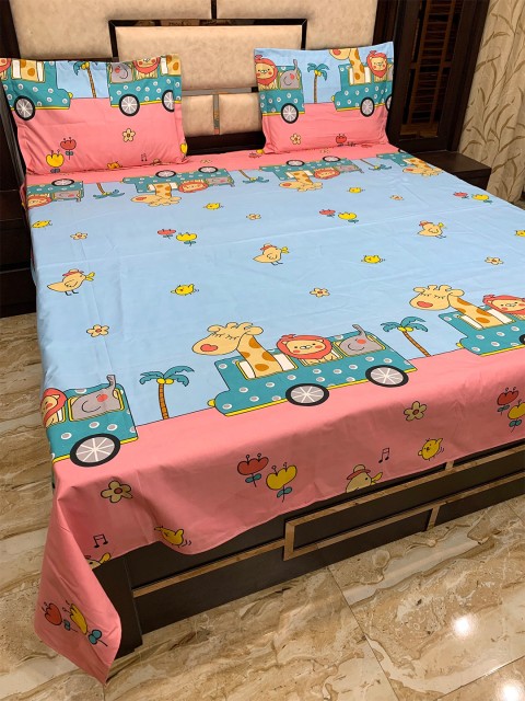 

Pure Decor Kids Blue &Pink Cartoon Characters 300 TC Cotton Queen Bedsheet&2 Pillow Covers