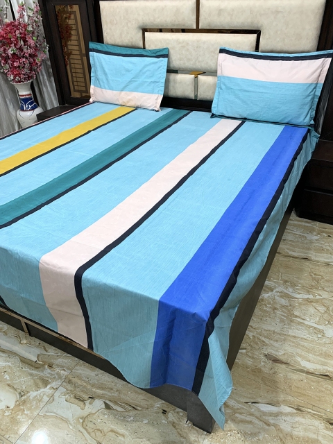 

Pure Decor Blue & Yellow Striped 300 TC Queen Bedsheet with 2 Pillow Covers