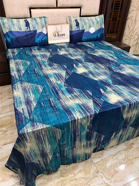 

Pure Decor Blue & Beige Geometric 400 TC King Bedsheet with 2 Pillow Covers