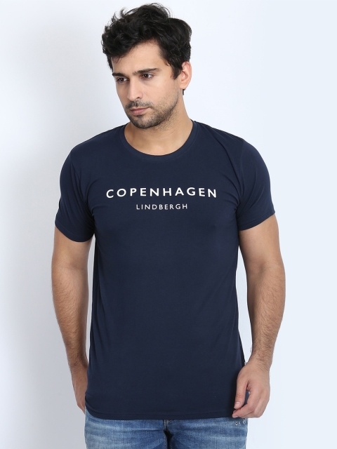 

LINDBERGH Men Navy Blue Typography Printed Slim Fit Cotton T-shirt