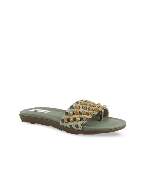 

THE WHITE POLE Women Olive Green Embellished Open Toe Flats