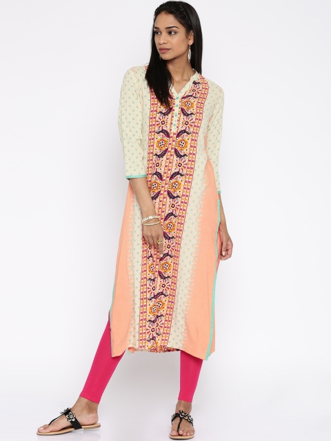 

Melange by Lifestyle Women Off-White & Peach-Coloured Printed Straight Kurta