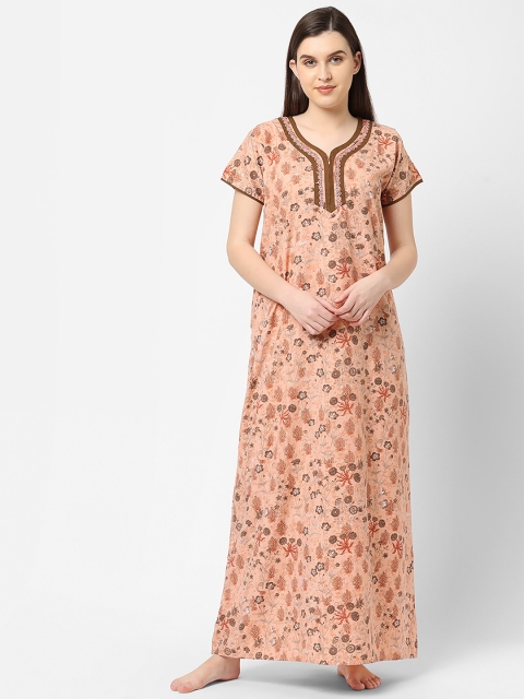 

Sweet Dreams Women Peach Floral Print Cotton Maxi Nightdress