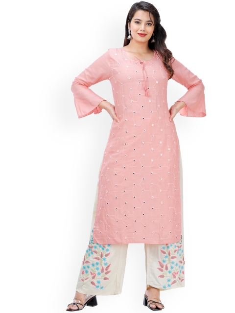 

KALINI Women Pink Floral Embroidered Panelled Mirror Work Kurti with Palazzos