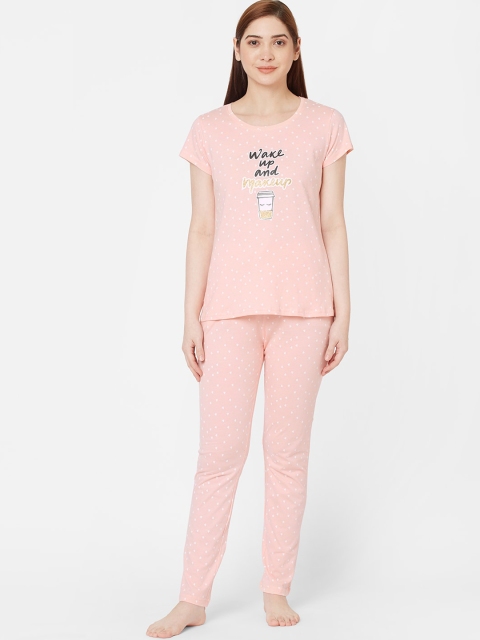 

Sweet Dreams Women Peach-Coloured & White Printed Night suit