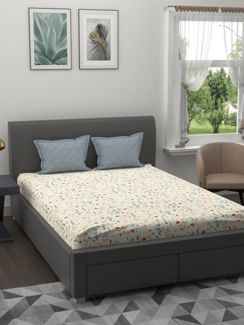 

Trident Cream-Coloured & Red Floral 144 TC King Bedsheet with 2 Pillow Covers