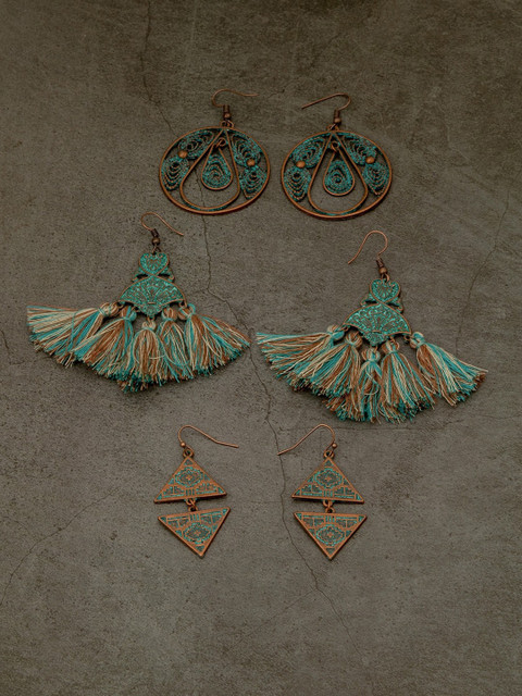 

anore Women Pack of 3 Turquoise Blue Brown Copper-Plated Contemporary Drop Earrings