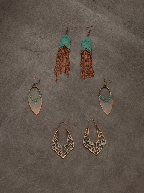 

anore Pack of 3 Women Copper-Toned Blue Contemporary Bohemian Drop Earrings