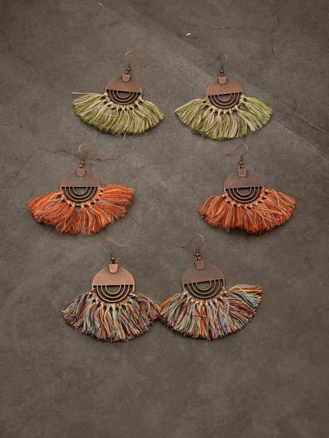 

anore Copper-Toned & Green Contemporary Bohemian Tasselled Earrings Pack Of 3