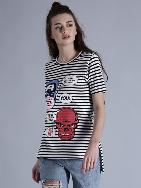 

Kook N Keech Marvel Women White Striped Round Neck T-shirt