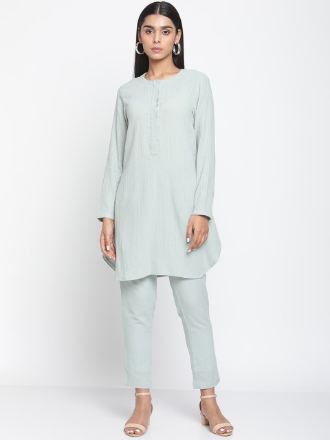 

trueBrowns Women Blue Solid Pure Cotton Kurti with Trousers