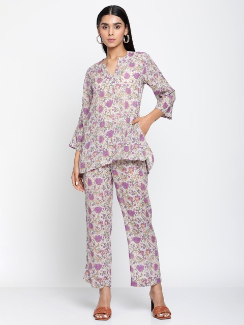 

trueBrowns Women Purple Printed Pleated Pure Cotton Kurti with Trousers