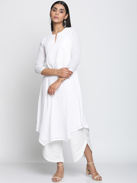 

trueBrowns Women White Embroidered Pure Cotton Asymmetric Kurta with Palazzos