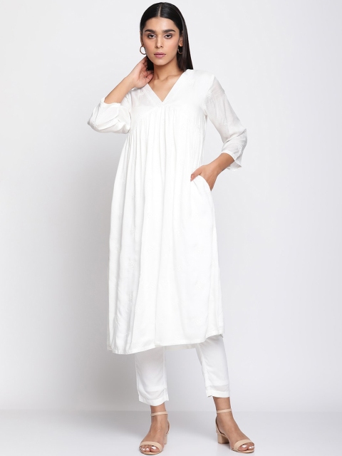 

trueBrowns Women White Pleated Pure Cotton Kurta with Trousers