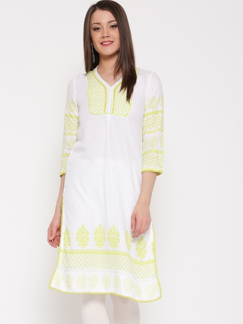 

Rangriti Women White Printed Straight Kurta