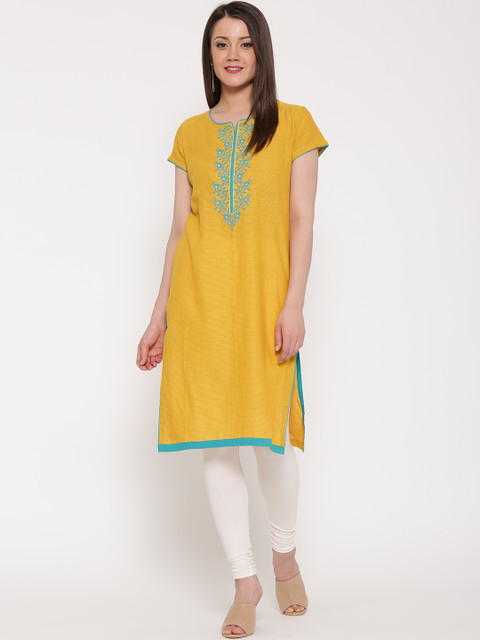 

Rangriti Women Mustard Yellow Self-Design Straight Cotton Kurta with Embroidered Detail