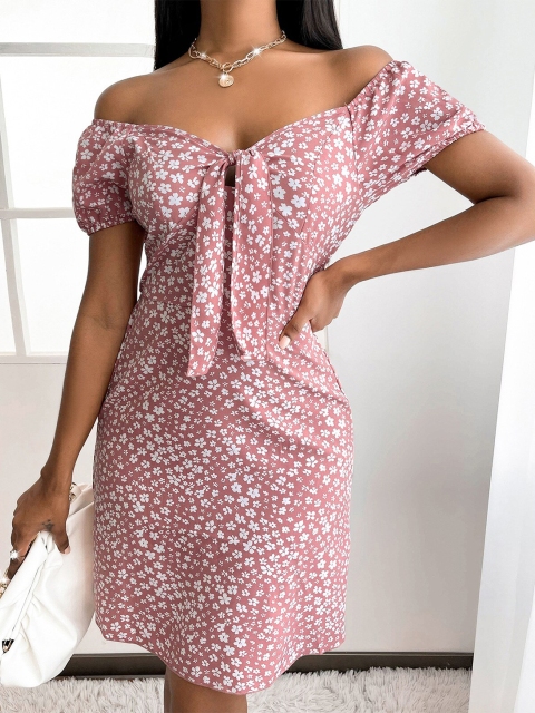 

La Aimee Pink & White Floral Off-Shoulder A-Line Dress