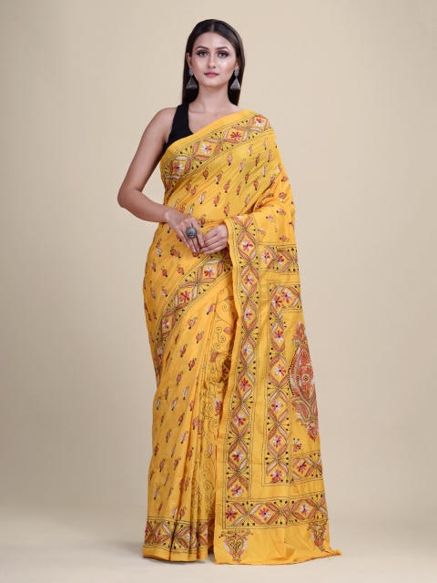

Laa Calcutta Yellow & Pink Ethnic Motifs Kantha Work Silk Blend Saree