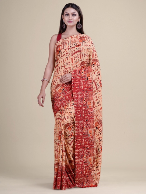 

Laa Calcutta Beige & Red Warli Pure Cotton Jamdani Saree