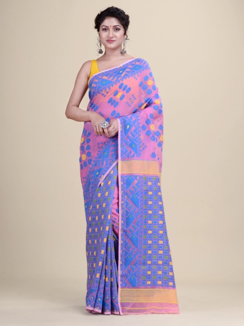 

Laa Calcutta Pink & Blue Ethnic Motifs Silk Cotton Jamdani Handloom Saree