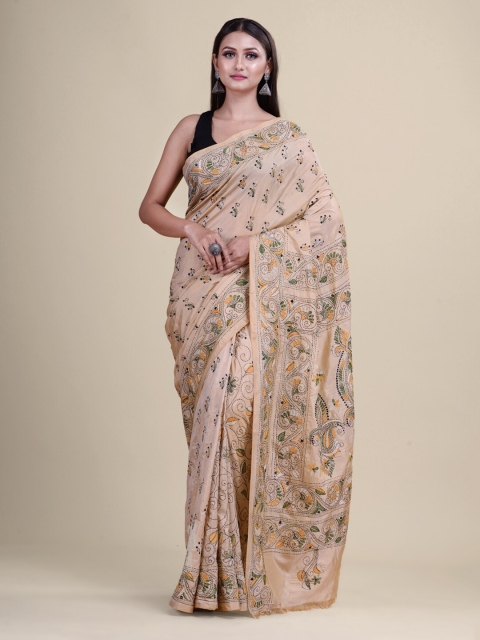 

Laa Calcutta Beige & Green Ethnic Motifs Kantha Work Saree