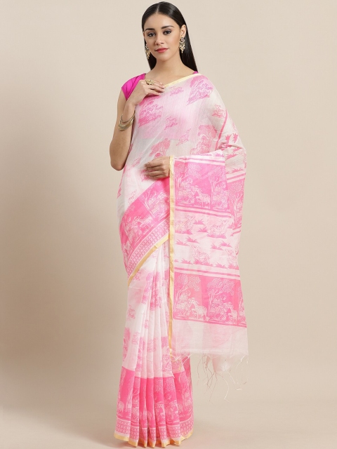 

Laa Calcutta White & Pink Ethnic Motifs Silk Cotton Taant Saree