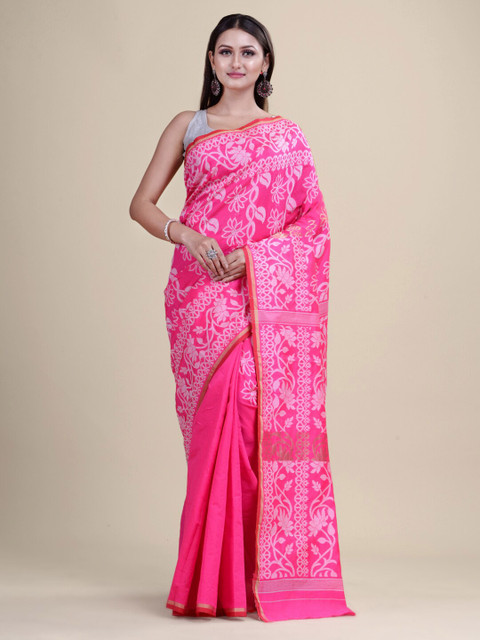 

Laa Calcutta Pink & White Floral Silk Jamdani Saree