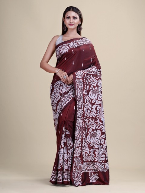 

Laa Calcutta Maroon & White Woven Design Kantha Work Silk Blend Saree