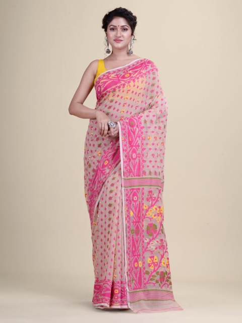 

Laa Calcutta Off White & Pink Floral Silk Cotton Jamdani Saree