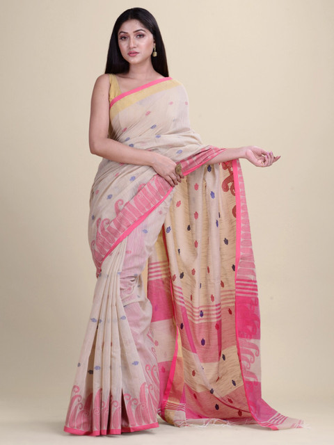 

Laa Calcutta Women Off White Woven Design Pure Cotton Taant Sarees