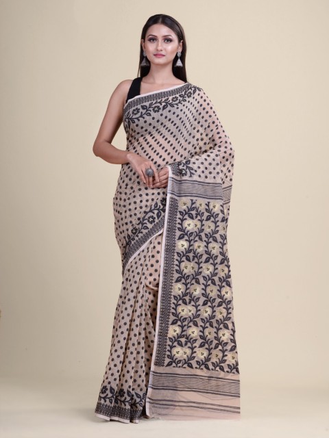 

Laa Calcutta Off White & Black Woven Design Silk Cotton Jamdani Saree