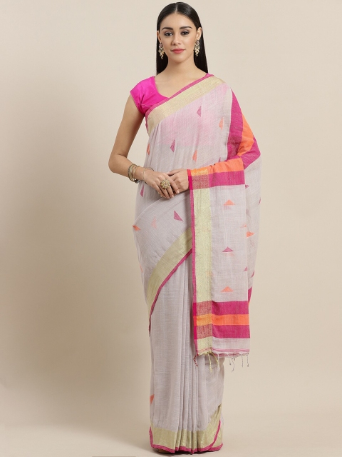 

Laa Calcutta Off White & Pink Silk Cotton Handwoven Taant Saree