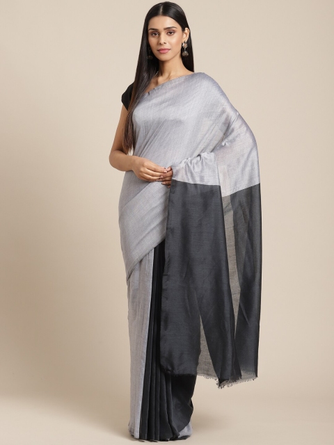 

Laa Calcutta Silver-Toned & Black Pure Cotton Taant Handloom Saree