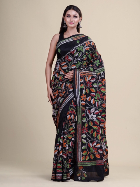 

Laa Calcutta Black & Green Floral Woven Design Saree