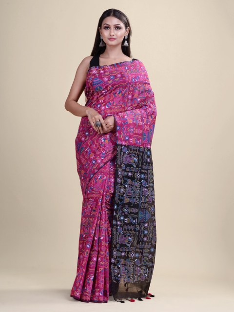 

Laa Calcutta Pink & Black Warli Silk Cotton Taant Saree