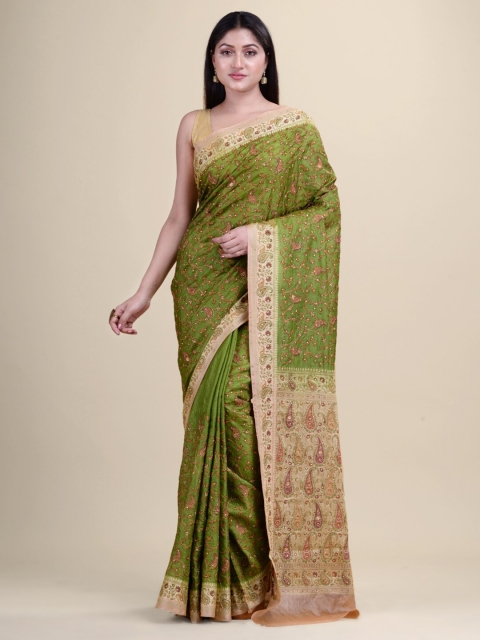 

Laa Calcutta Green & Gold-Toned Ethnic Motifs Embroidered Pure Silk Jamdani Saree