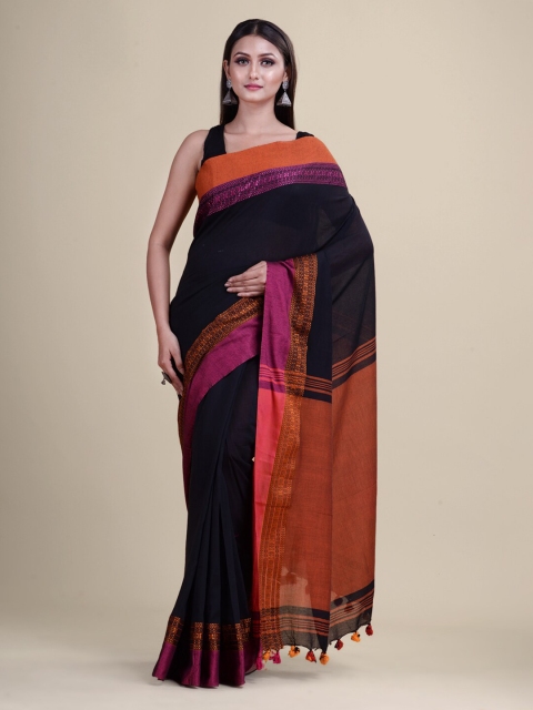 

Laa Calcutta Black & Orange Colourblocked Pure Cotton Jamdani Saree