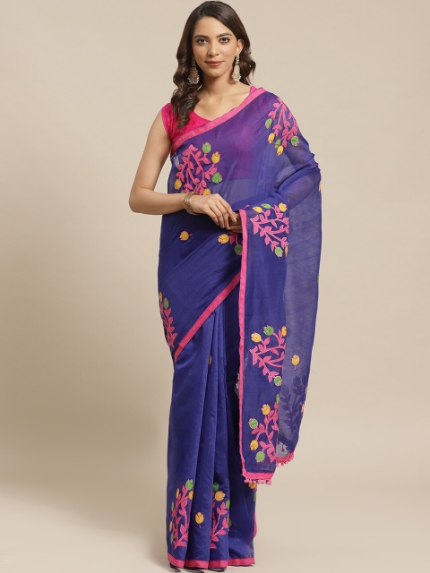 

Laa Calcutta Blue & Pink Floral Silk Cotton Jamdani Saree