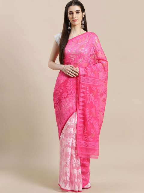 

Laa Calcutta Pink & White Floral Zari Silk Cotton Jamdani Saree
