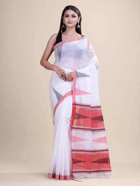 

Laa Calcutta White & Red Woven Design Silk Cotton Taant Saree