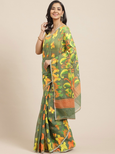 

Laa Calcutta Green & Orange Silk Cotton Jamdani Saree