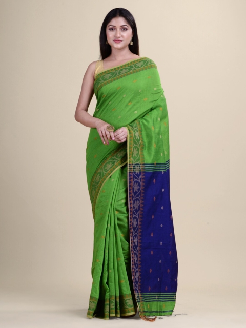 

Laa Calcutta Green & Blue Woven Design Silk Cotton Taant Saree