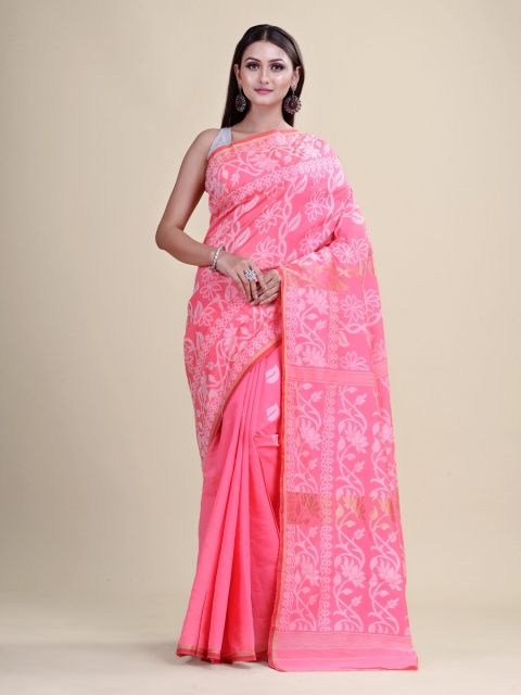 

Laa Calcutta Pink & White Floral Silk Cotton Handloom Jamdani Saree