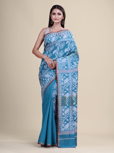 

Laa Calcutta Sea Green & Golden Ethnic Motifs Silk Cotton Jamdani Saree