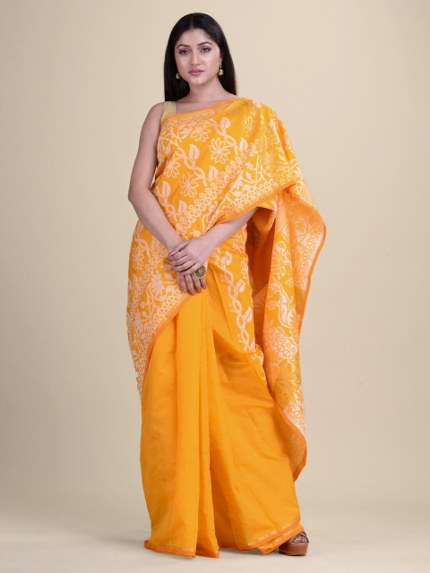 

Laa Calcutta Yellow & Gold-Toned Woven Design Tant Jamdani Silk Saree