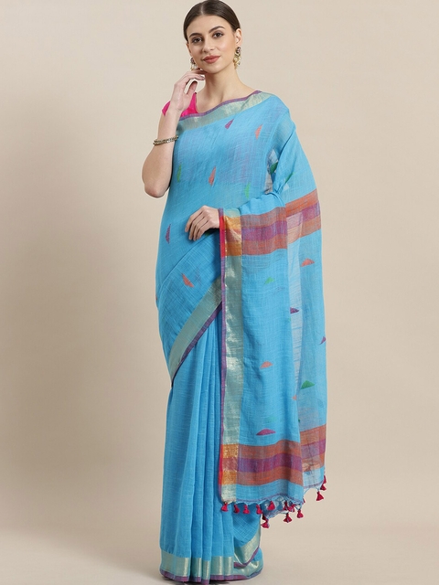Laa Calcutta Women Blue Taant Jamdani Cotton Silk Saree
