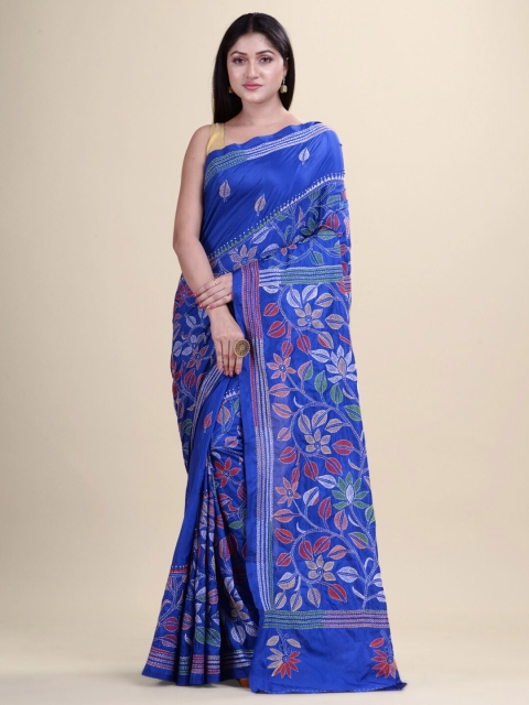 

Laa Calcutta Blue & White Floral Kantha Work Silk Blend Handloom Saree