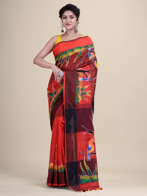 

Laa Calcutta Red & Black Floral Pure Cotton Taant Saree
